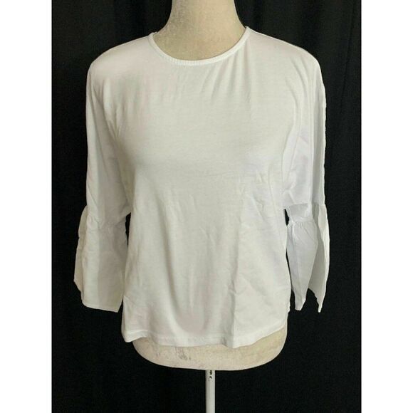 Zara Womens Solid White Long Sleeve Bell Sleeve Crew Neck Top T Shirt Small - Picture 1 of 6